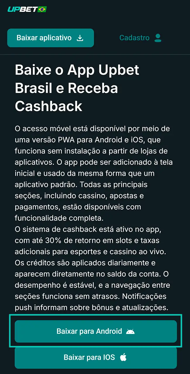 Acesse o site móvel oficial da Upbet.