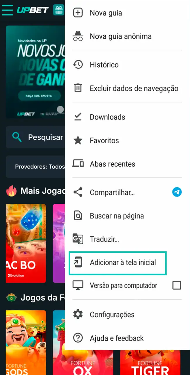 Fixe o atalho Upbet no seu celular.
