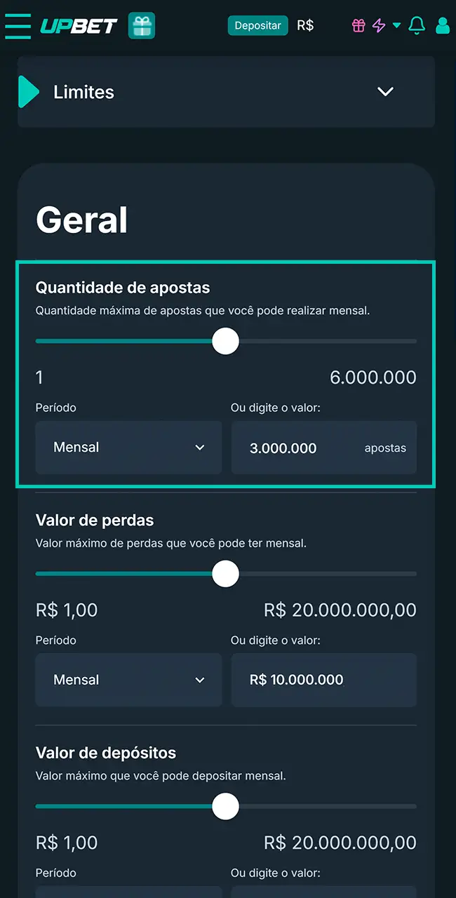 Estabeleça limites de jogo na Upbet.