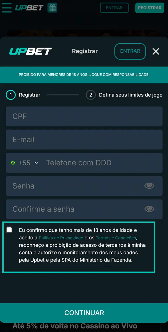 Concorde com as regras oficiais da Upbet.