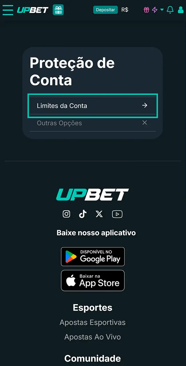 Configure seus limites de aposta na Upbet.