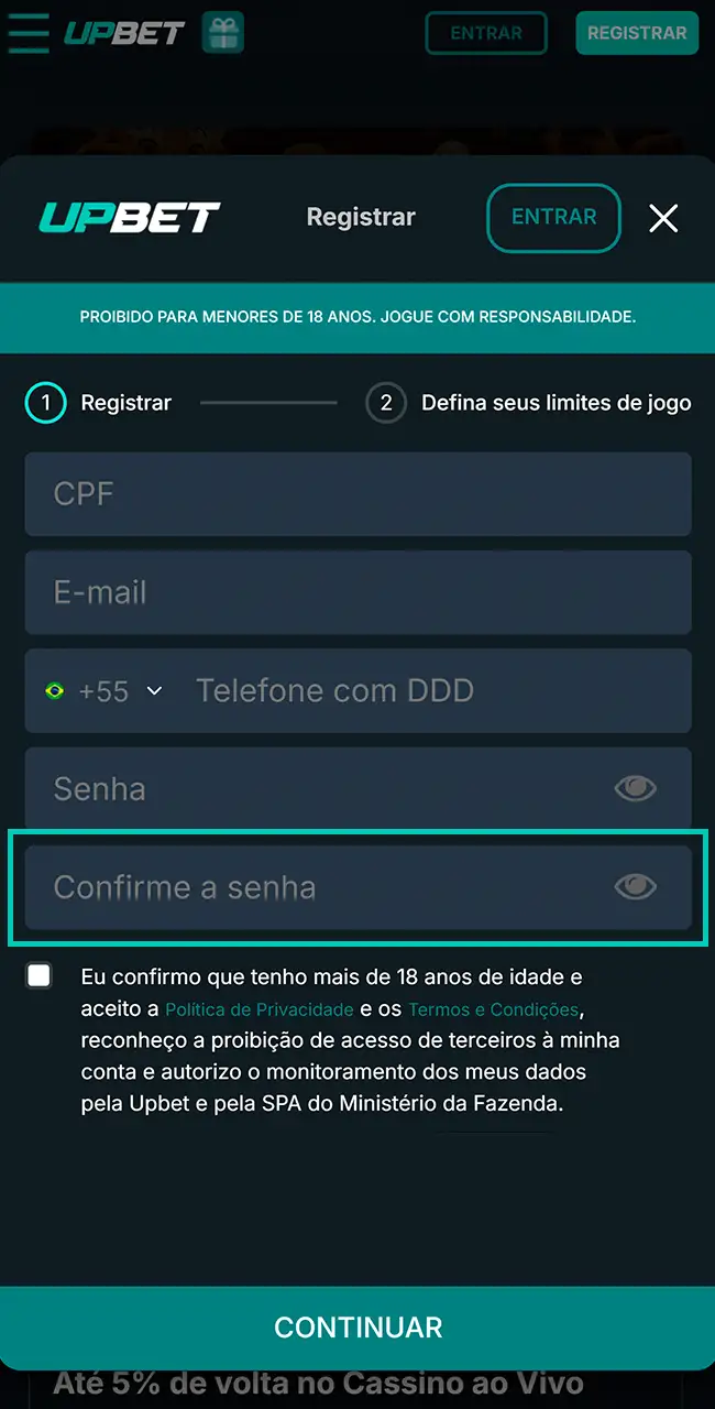 Valide sua conta de jogador na Upbet.