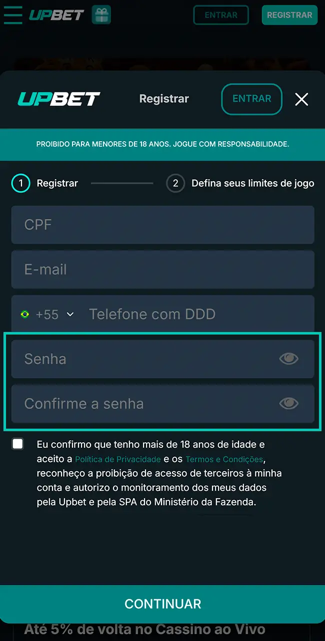 Defina uma senha segura para sua conta.