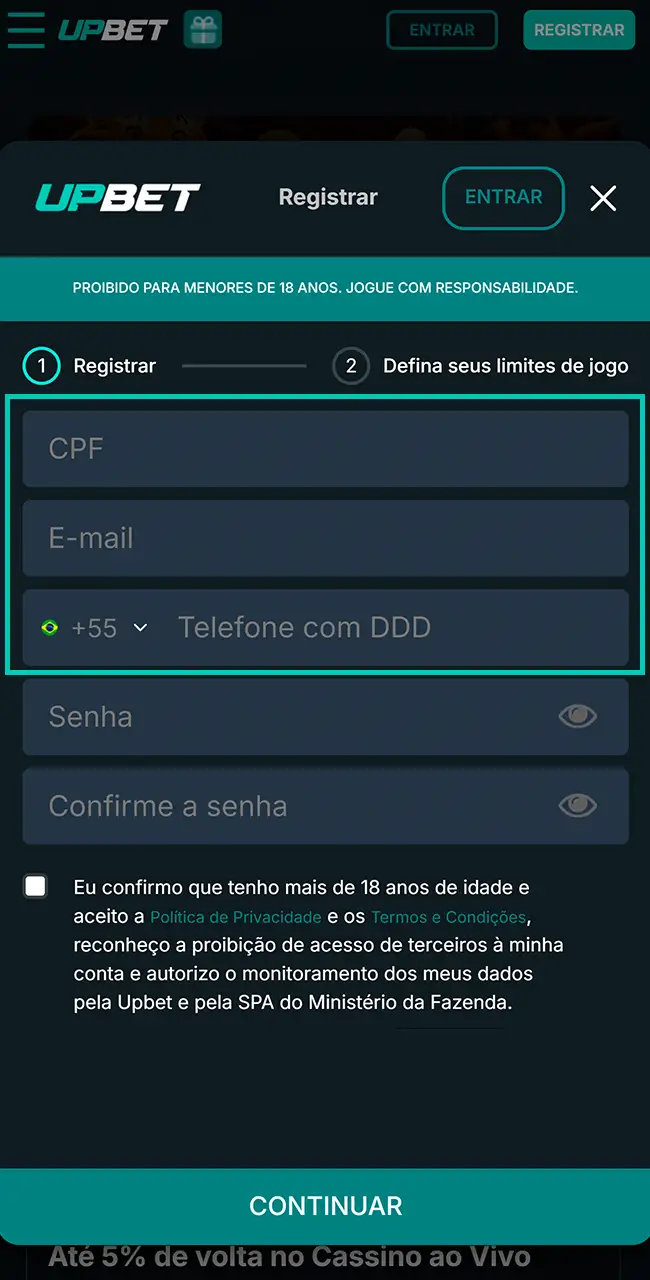 Adicione seus dados para registro na Upbet.