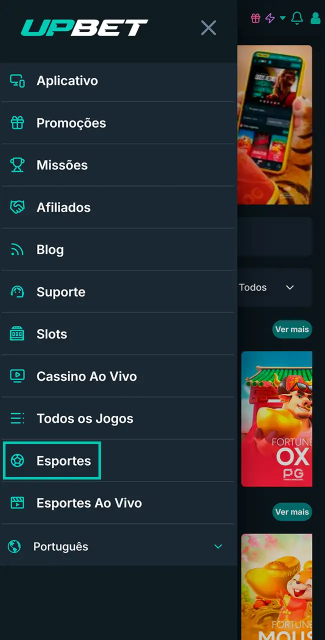 Navegue pelas apostas esportivas da Upbet.