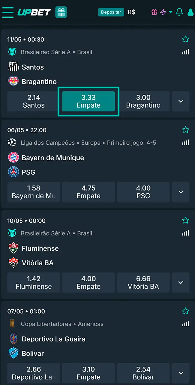 Coloque suas seleções no bilhete de apostas.